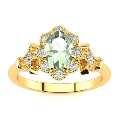 3/4 Carat Oval Shape Green Amethyst and Halo Diamond Vintage Ring In 14 Karat Yellow Gold