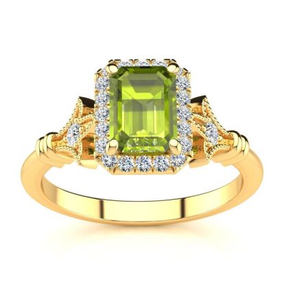 1 1/2 Carat Peridot and Halo Diamond Vintage Ring In 14 Karat Yellow Gold