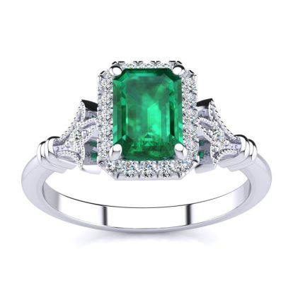 1 Carat Emerald and Halo Diamond Vintage Ring In 14 Karat White Gold