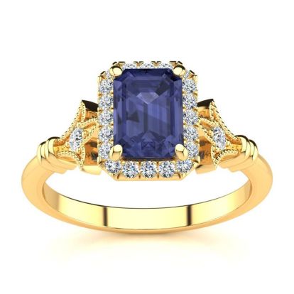 1 1/2 Carat Tanzanite and Halo Diamond Vintage Ring In 14 Karat Yellow Gold