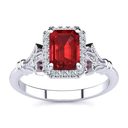 1 1/4 Carat Ruby and Halo Diamond Vintage Ring In 14 Karat White Gold