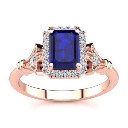 1 1/2 Carat Sapphire and Halo Diamond Vintage Ring In 14 Karat Rose Gold