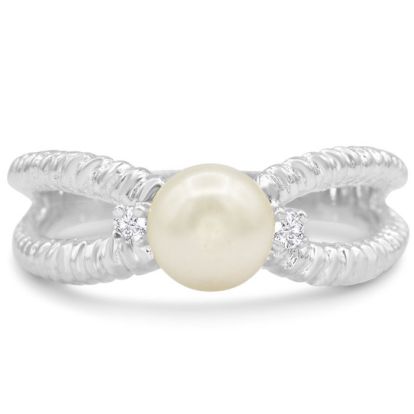 Round Freshwater Cultured Pearl and Diamond Split Shank Ring In 14 Karat White Gold
