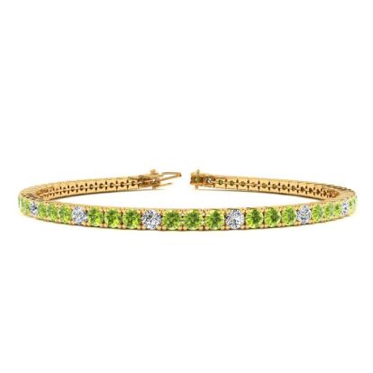 3 1/2 Carat Peridot And Diamond Alternating Tennis Bracelet In 14 Karat Yellow Gold, 8 Inches