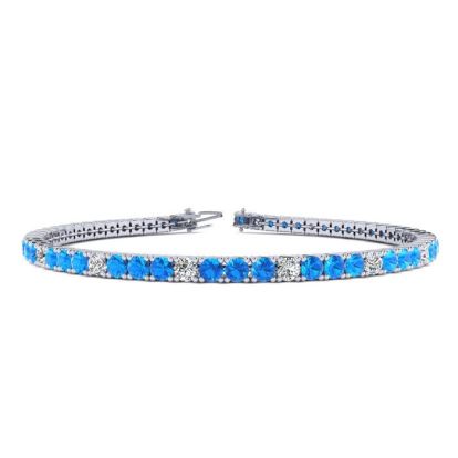 3 Carat Blue Topaz And Diamond Alternating Tennis Bracelet In 14 Karat White Gold, 6 Inches