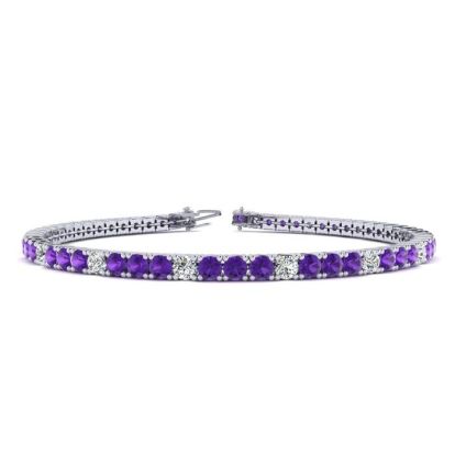 3 3/4 Carat Amethyst And Diamond Alternating Tennis Bracelet In 14 Karat White Gold, 8 1/2 Inches