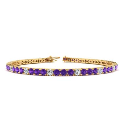 3 1/2 Carat Amethyst And Diamond Alternating Tennis Bracelet In 14 Karat Yellow Gold, 8 Inches