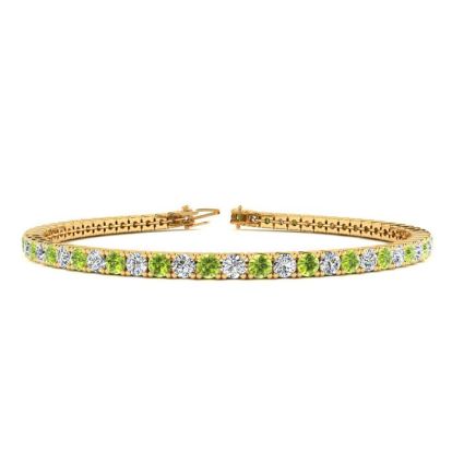 3 Carat Peridot And Diamond Tennis Bracelet In 14 Karat Yellow Gold, 7 Inches