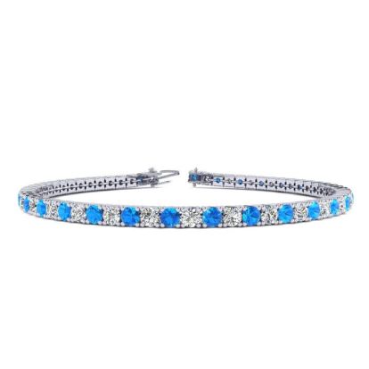 2 3/4 Carat Blue Topaz And Diamond Tennis Bracelet In 14 Karat White Gold, 6 Inches