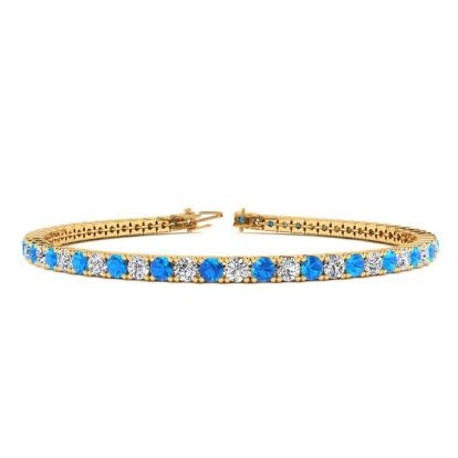 3 3/4 Carat Blue Topaz And Diamond Tennis Bracelet In 14 Karat Yellow Gold, 8 Inches