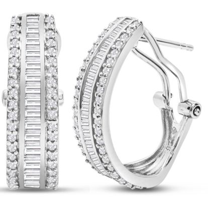 1 Carat Baguette and Round Colorless Diamond Hoop Earrings In Sterling Silver. Amazing Looking For A Great Price!