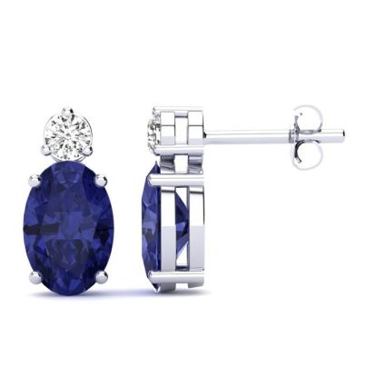 1 Carat Oval Tanzanite and Diamond Stud Earrings In 14 Karat White Gold