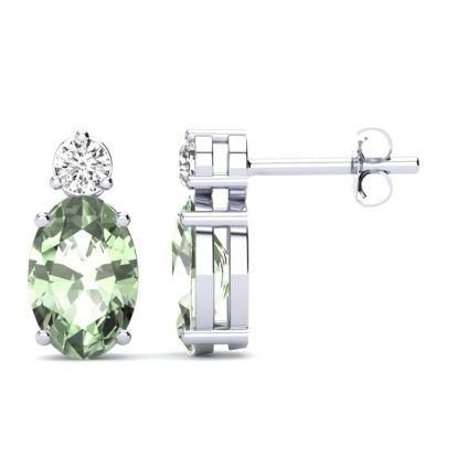 1 Carat Oval Green Amethyst and Diamond Stud Earrings In 14 Karat White Gold