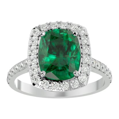 3 3/4 Carat Cushion Cut Emerald and Halo Diamond Ring In 18K White Gold