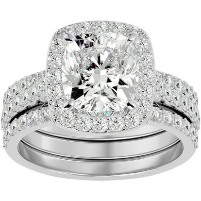 4 1/2 Carat Cushion Cut Halo Diamond Bridal Set in 14 Karat White Gold