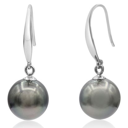 Pearl Drop Earrings With 9-9.5MM AAA Cultured Black Tahitian Pearls In 14 Karat White Gold