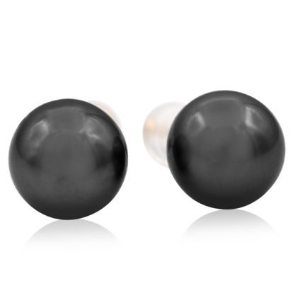 Pearl Stud Earrings With 9.5-10MM AAA Cultured Black Tahitian Pearls In 14 Karat Yellow Gold