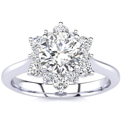 1 Carat Floral Halo Diamond Engagement Ring in 14k White Gold.  Fantastic Deal For A Beautiful On-Trend Ring!
