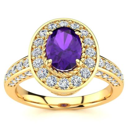 1 1/2 Carat Oval Shape Amethyst and Halo Diamond Ring In 14 Karat Yellow Gold