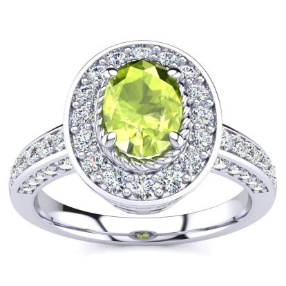 1 1/2 Carat Oval Shape Peridot and Halo Diamond Ring In 14 Karat White Gold