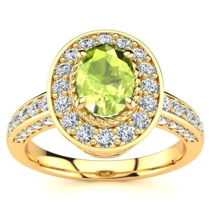 1 1/2 Carat Oval Shape Peridot and Halo Diamond Ring In 14 Karat Yellow Gold