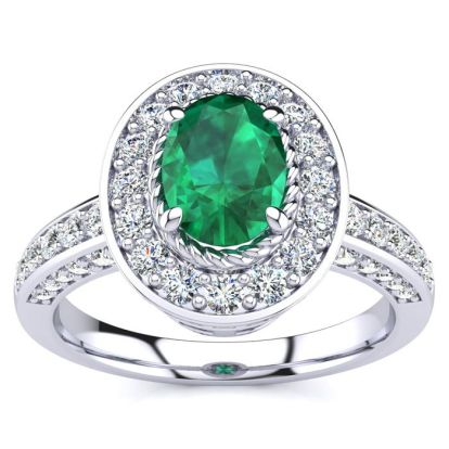1 1/2 Carat Oval Shape Emerald and Halo Diamond Ring In 14 Karat White Gold
