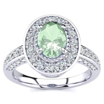 1 1/2 Carat Oval Shape Green Amethyst and Halo Diamond Ring In 14 Karat White Gold