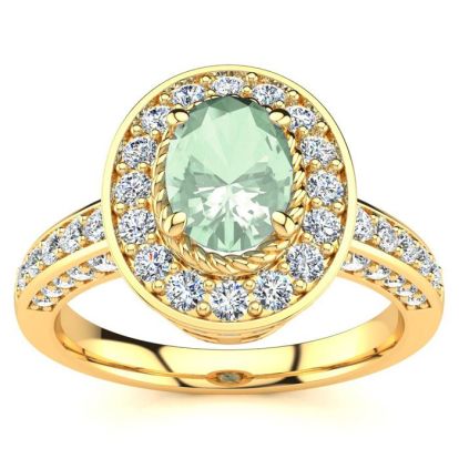 1 1/2 Carat Oval Shape Green Amethyst and Halo Diamond Ring In 14 Karat Yellow Gold