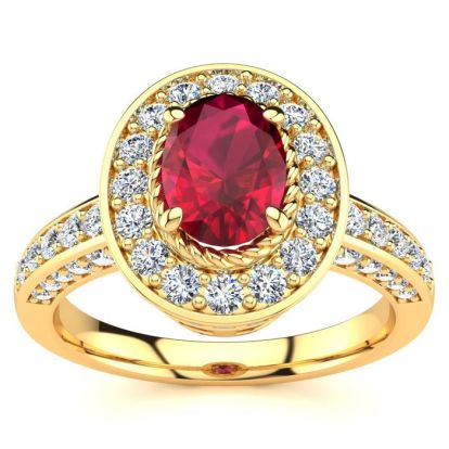 1 1/2 Carat Oval Shape Ruby and Halo Diamond Ring In 14 Karat Yellow Gold