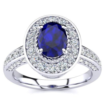 1 2/3 Carat Oval Shape Sapphire and Halo Diamond Ring In 14 Karat White Gold