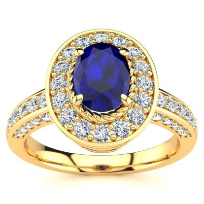 1 2/3 Carat Oval Shape Sapphire and Halo Diamond Ring In 14 Karat Yellow Gold