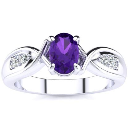 3/4 Carat Oval Shape Amethyst and Four Diamond Ring In 10 Karat White Gold