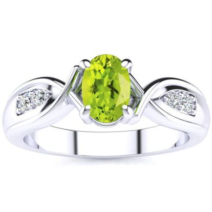 1 Carat Oval Shape Peridot and Four Diamond Ring In 10 Karat White Gold