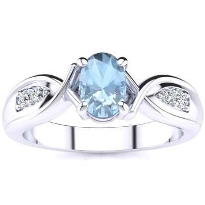Aquamarine Ring: Aquamarine Jewelry: 1 Carat Oval Shape Aquamarine and Four Diamond Ring In 10 Karat White Gold