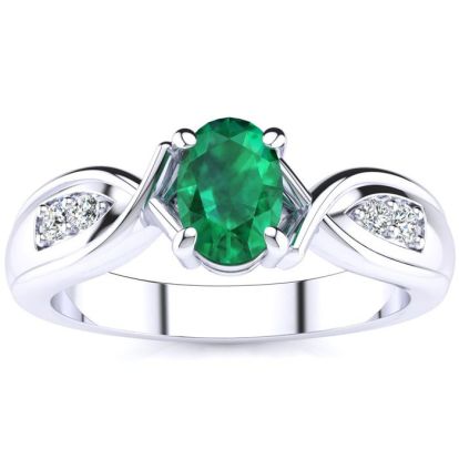 1 Carat Oval Shape Emerald and Four Diamond Ring In 10 Karat White Gold