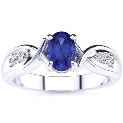 1 Carat Oval Shape Tanzanite and Four Diamond Ring In 10 Karat White Gold