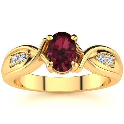Garnet Ring: Garnet Jewelry: 1 Carat Oval Shape Garnet and Four Diamond Ring In 10 Karat Yellow Gold