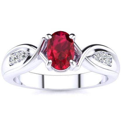 1 Carat Oval Shape Ruby and Four Diamond Ring In 10 Karat White Gold