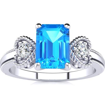 1 1/3 Carat Blue Topaz and Two Diamond Heart Ring In 10 Karat White Gold