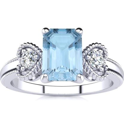 Aquamarine Ring: Aquamarine Jewelry: 1 Carat Aquamarine and Two Diamond Heart Ring In 10 Karat White Gold