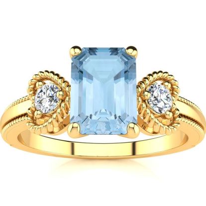 Aquamarine Ring: Aquamarine Jewelry: 1 Carat Aquamarine and Two Diamond Heart Ring In 10 Karat Yellow Gold