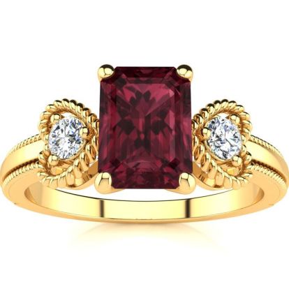 Garnet Ring: Garnet Jewelry: 1 1/2 Carat Garnet and Two Diamond Heart Ring In 10 Karat Yellow Gold