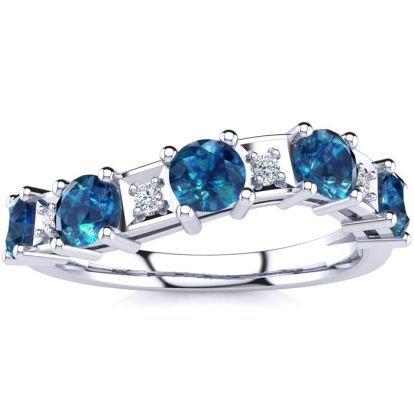 1 Carat Blue and White Diamond Journey Band Ring in 10K White Gold