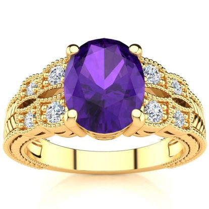 1 3/4 Carat Oval Shape Amethyst and Diamond Ring In 10 Karat Yellow Gold