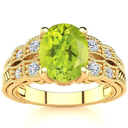 2 Carat Oval Shape Peridot and Diamond Ring In 10 Karat Yellow Gold