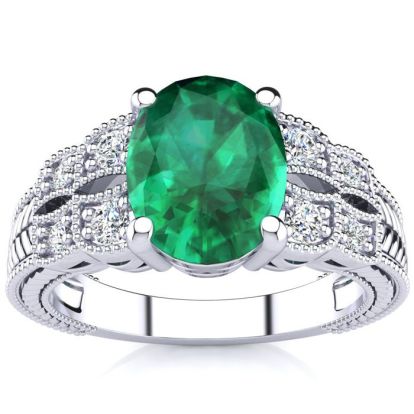 2 Carat Oval Shape Emerald and Diamond Ring In 10 Karat White Gold