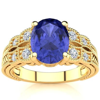 2 Carat Oval Shape Tanzanite and Diamond Ring In 10 Karat Yellow Gold