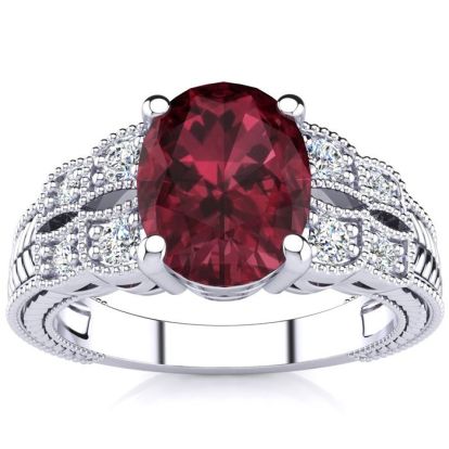 Garnet Ring: Garnet Jewelry: 2 Carat Oval Shape Garnet and Diamond Ring In 10 Karat White Gold