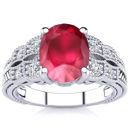 3 Carat Oval Shape Ruby and Diamond Ring In 10 Karat White Gold