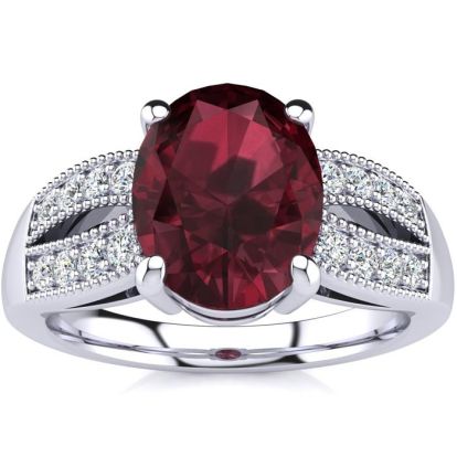 Garnet Ring: Garnet Jewelry: 2 Carat Oval Shape Garnet and Diamond Ring In 14 Karat White Gold